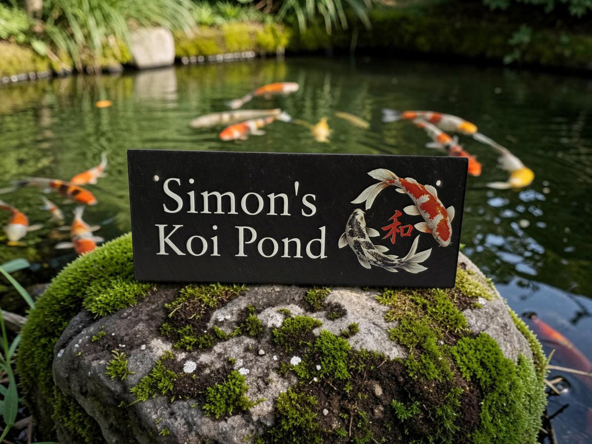Personalised Garden Pond sign decoration - Printed onto high quality Welsh slate - great gift - Koi Pond - Gardening - rockery - yard art