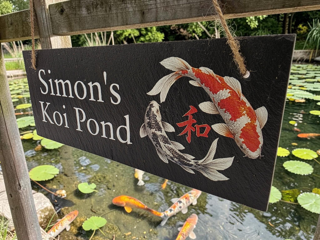 Personalised Garden Pond sign decoration - Printed onto high quality Welsh slate - great gift - Koi Pond - Gardening - rockery - yard art