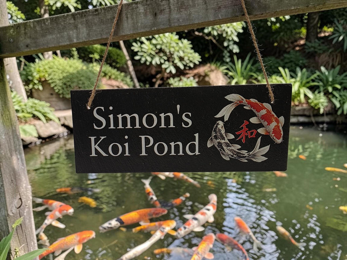 Personalised Garden Pond sign decoration - Printed onto high quality Welsh slate - great gift - Koi Pond - Gardening - rockery - yard art