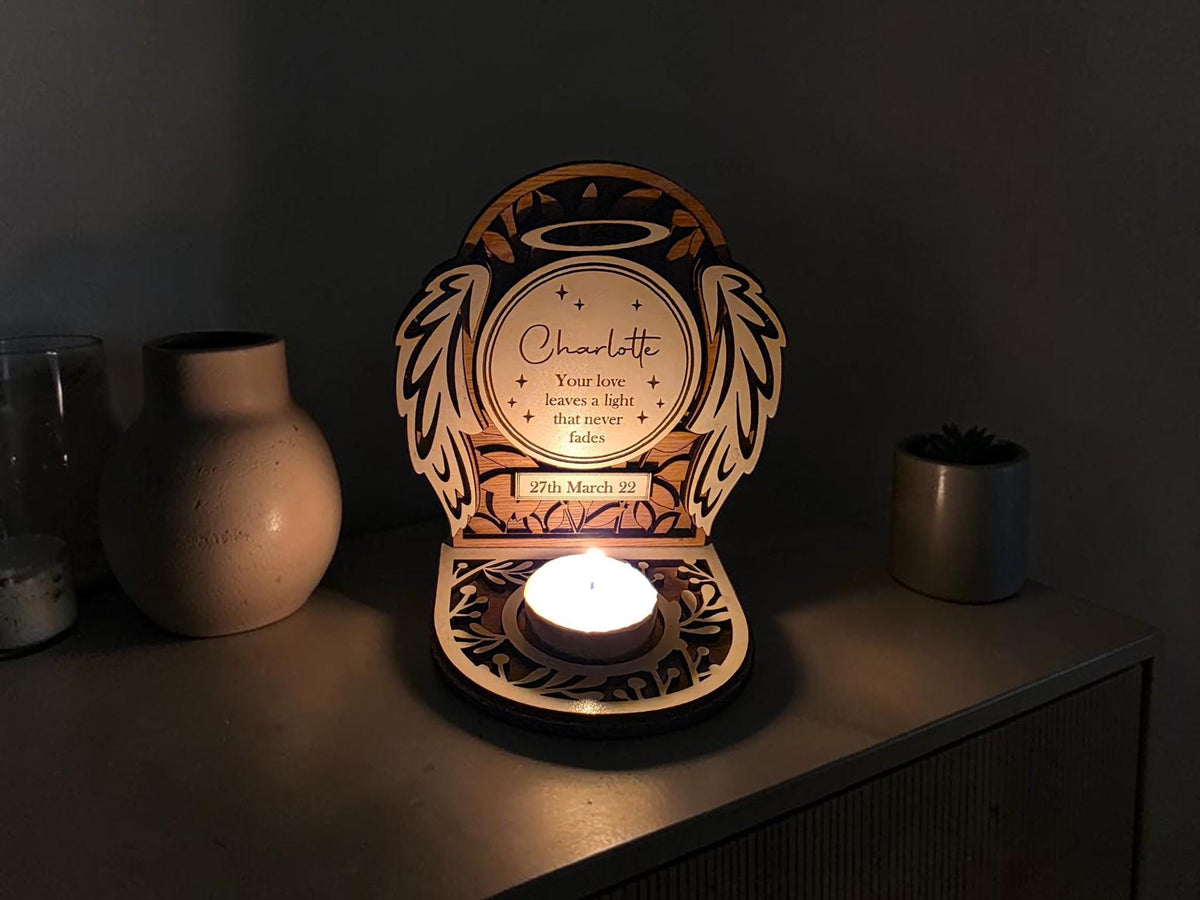 Personalised candle memorial display - Angel - Anniversary - rustic - xmas - memory - decoration - decor - remembrance - family - plaque