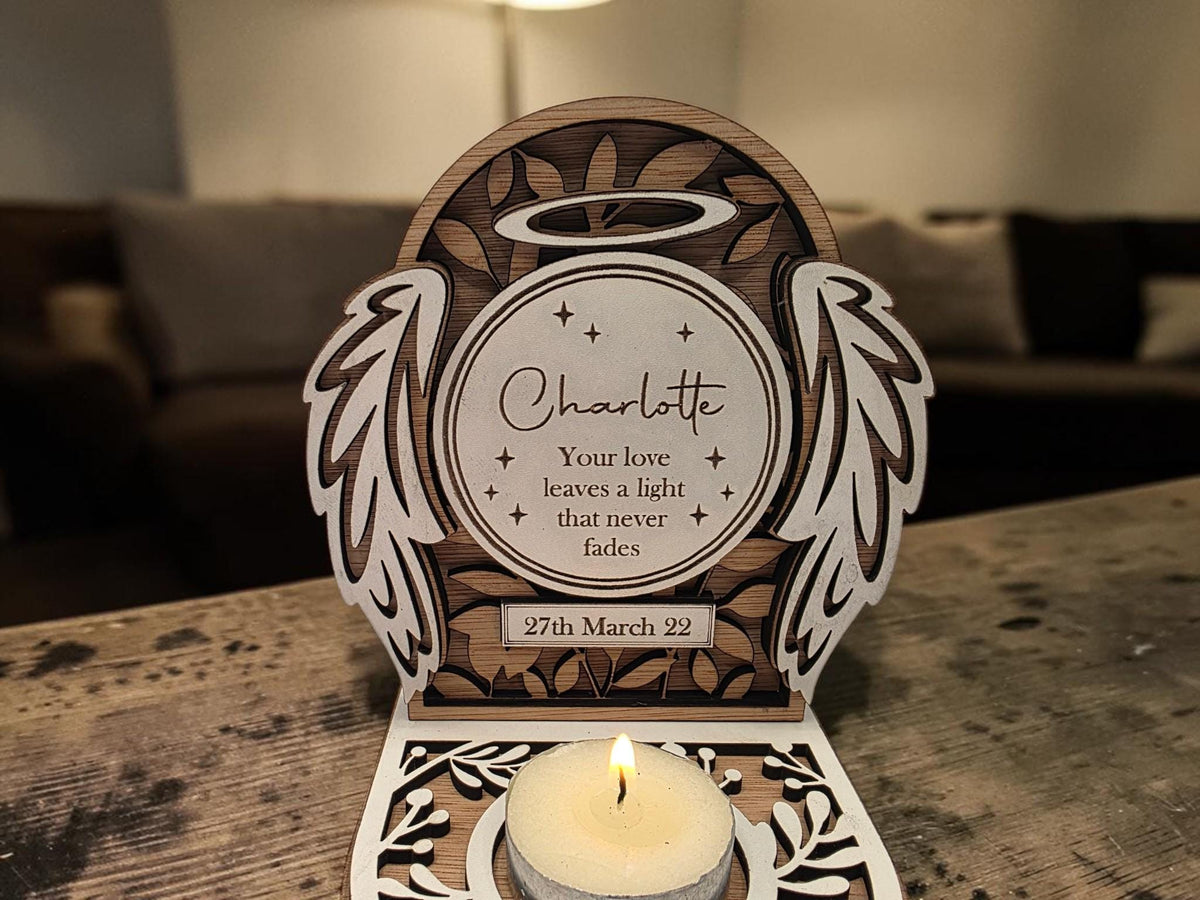 Personalised candle memorial display - Angel - Anniversary - rustic - xmas - memory - decoration - decor - remembrance - family - plaque