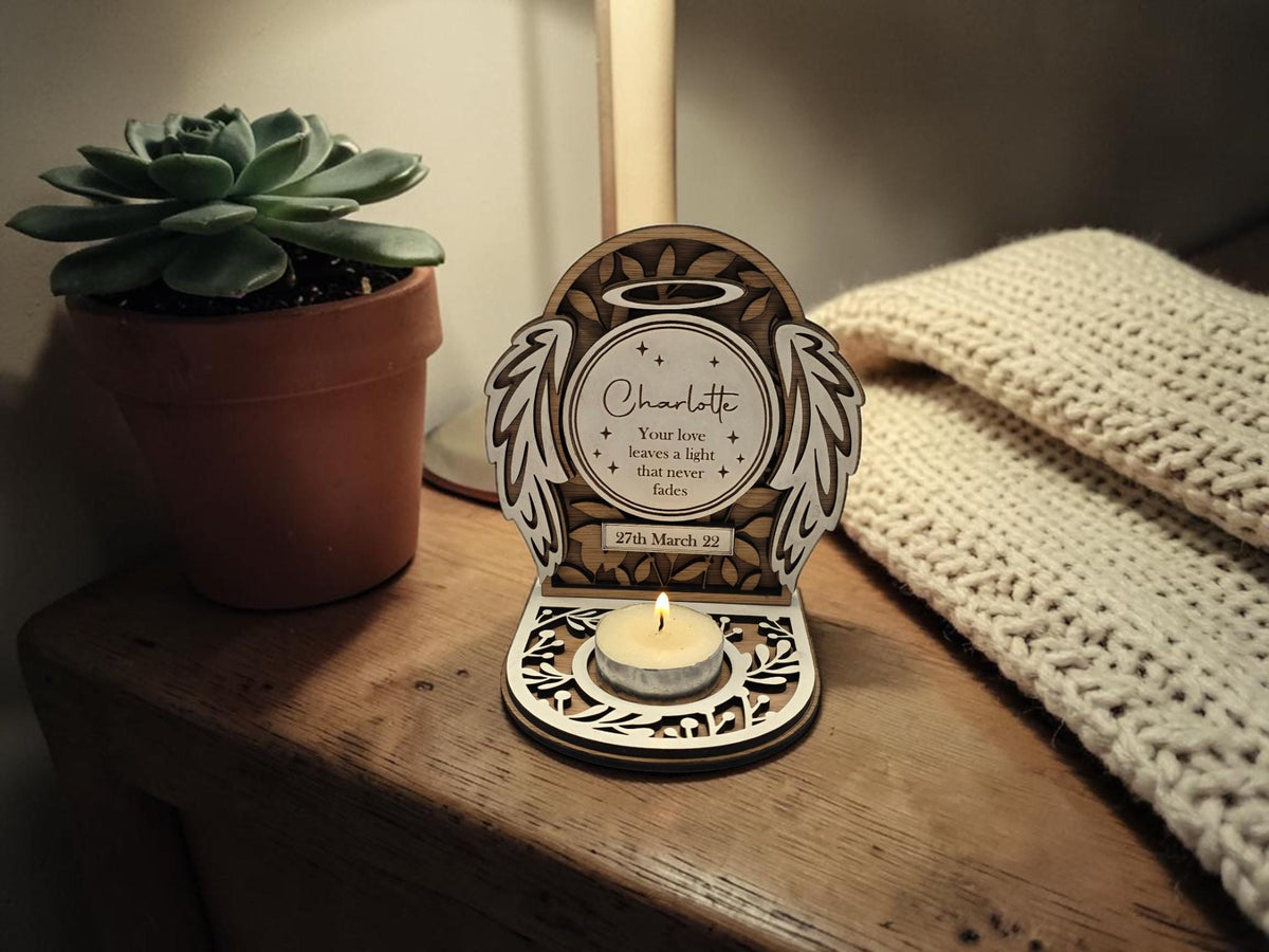 Personalised candle memorial display - Angel - Anniversary - rustic - xmas - memory - decoration - decor - remembrance - family - plaque
