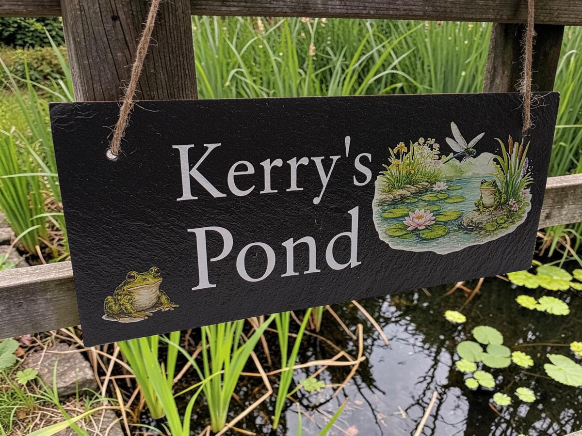 Personalised Garden Pond sign decoration - Printed onto high quality Welsh slate - great gift - Koi Pond - Gardening - rockery - yard art