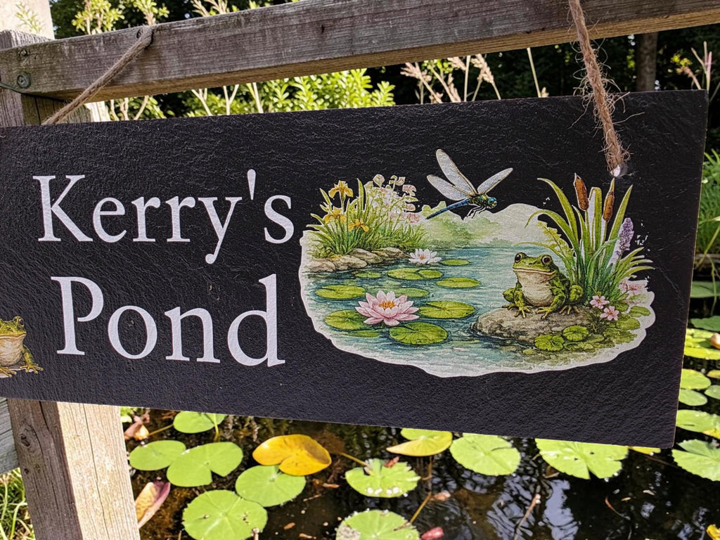 Personalised Garden Pond sign decoration - Printed onto high quality Welsh slate - great gift - Koi Pond - Gardening - rockery - yard art