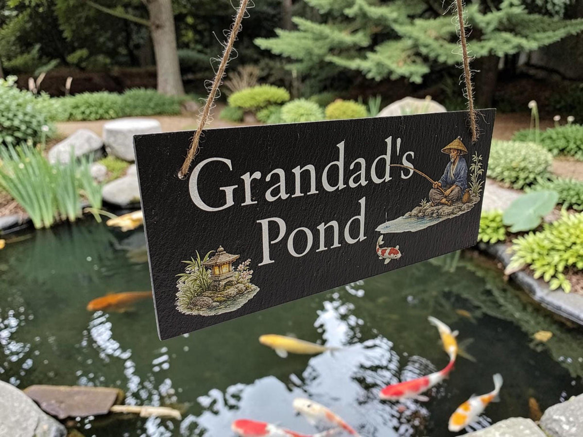 Personalised Garden Pond sign decoration - Printed onto high quality Welsh slate - great gift - Koi Pond - Gardening - rockery - yard art