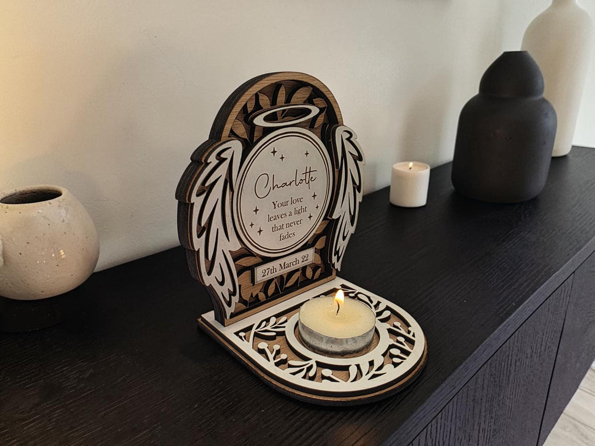 Personalised candle memorial display - Angel - Anniversary - rustic - xmas - memory - decoration - decor - remembrance - family - plaque