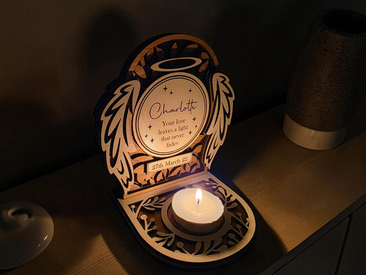 Personalised candle memorial display - Angel - Anniversary - rustic - xmas - memory - decoration - decor - remembrance - family - plaque