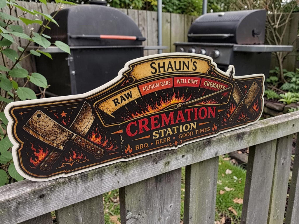 Personalised Cremation Station BBQ Sign | Funny BBQ Plaque | Custom Family Name BBQ Sign | Garden Bar & Man Cave Decor - Outdoor Kitchen