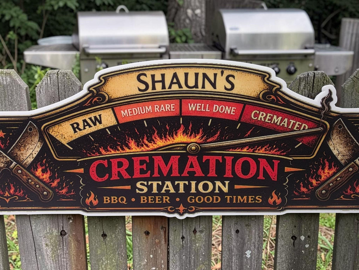Personalised Cremation Station BBQ Sign | Funny BBQ Plaque | Custom Family Name BBQ Sign | Garden Bar & Man Cave Decor - Outdoor Kitchen