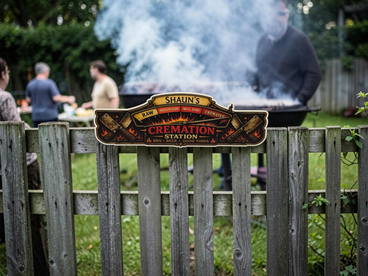 Personalised Cremation Station BBQ Sign | Funny BBQ Plaque | Custom Family Name BBQ Sign | Garden Bar & Man Cave Decor - Outdoor Kitchen