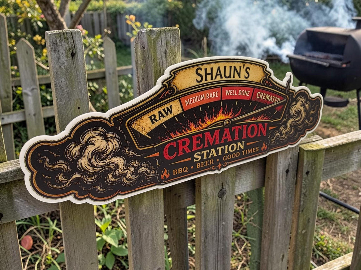 Personalised Cremation Station BBQ Sign | Funny BBQ Plaque | Custom Family Name BBQ Sign | Garden Bar & Man Cave Decor - Outdoor Kitchen