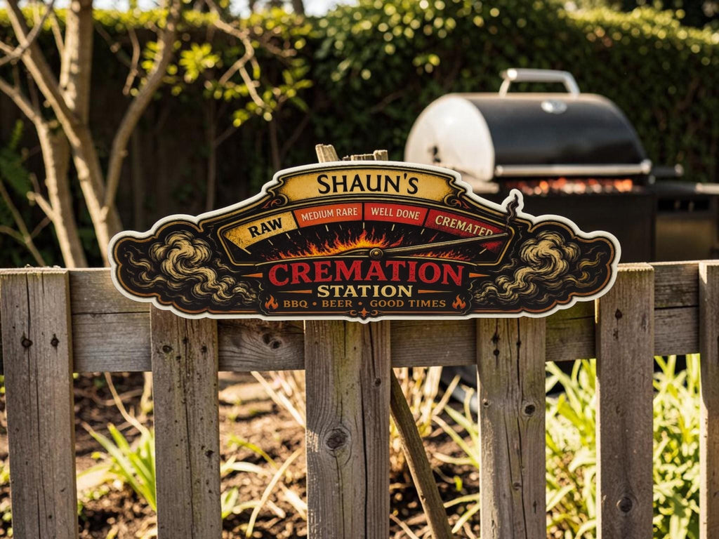 Personalised Cremation Station BBQ Sign | Funny BBQ Plaque | Custom Family Name BBQ Sign | Garden Bar & Man Cave Decor - Outdoor Kitchen