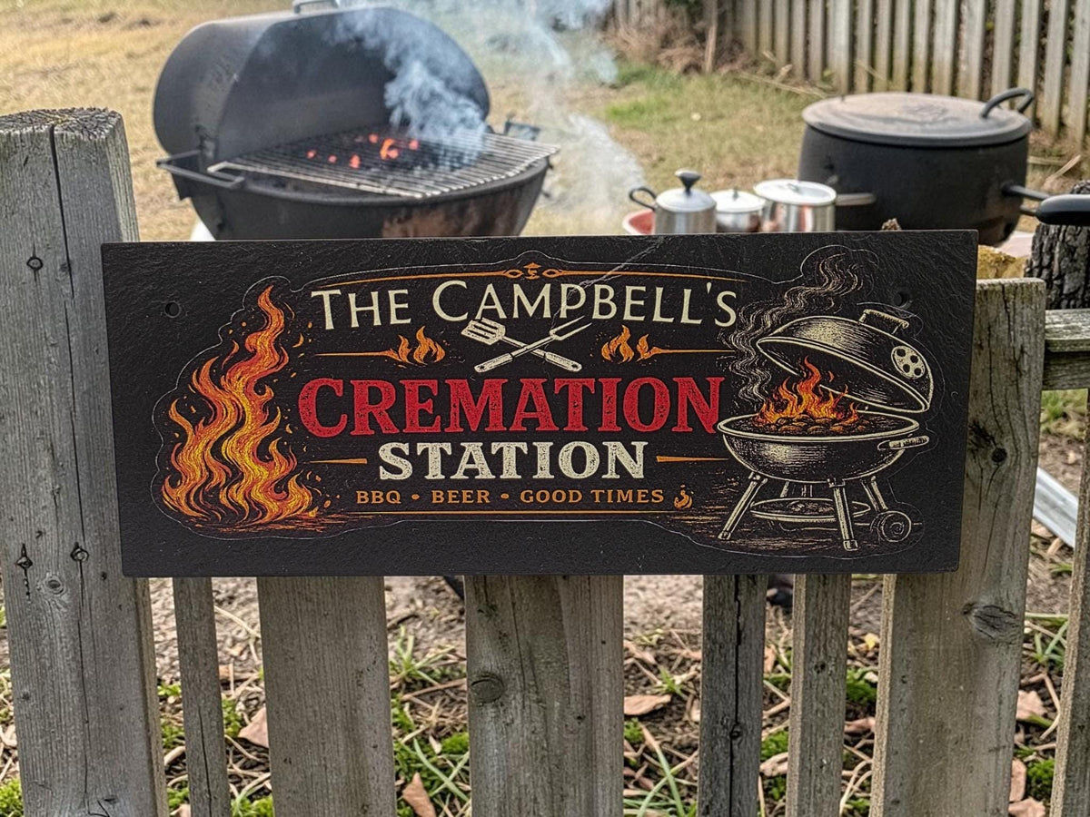 Personalised Cremation Station BBQ Sign | Funny Plaque | Custom Name | Grill Master Gift | Garden Bar Decor | Man Cave - rockery - yard art