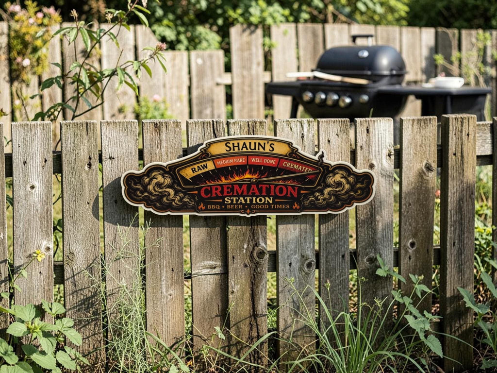 Personalised Cremation Station BBQ Sign | Funny BBQ Plaque | Custom Family Name BBQ Sign | Garden Bar & Man Cave Decor - Outdoor Kitchen
