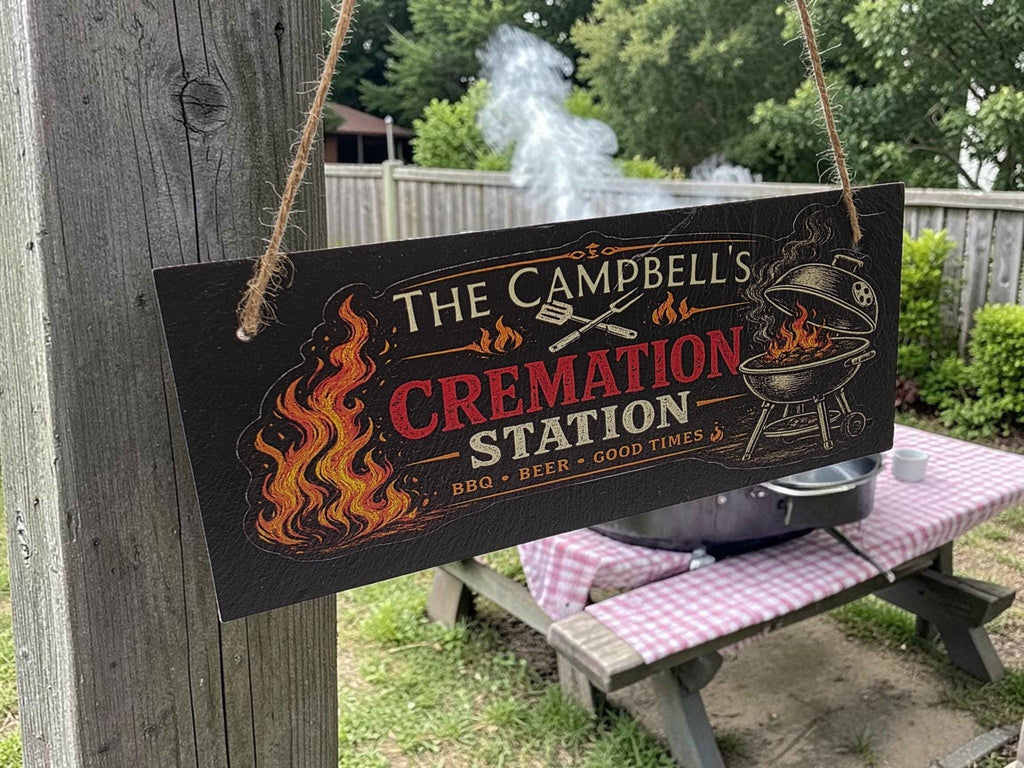 Personalised Cremation Station BBQ Sign | Funny Plaque | Custom Name | Grill Master Gift | Garden Bar Decor | Man Cave - rockery - yard art