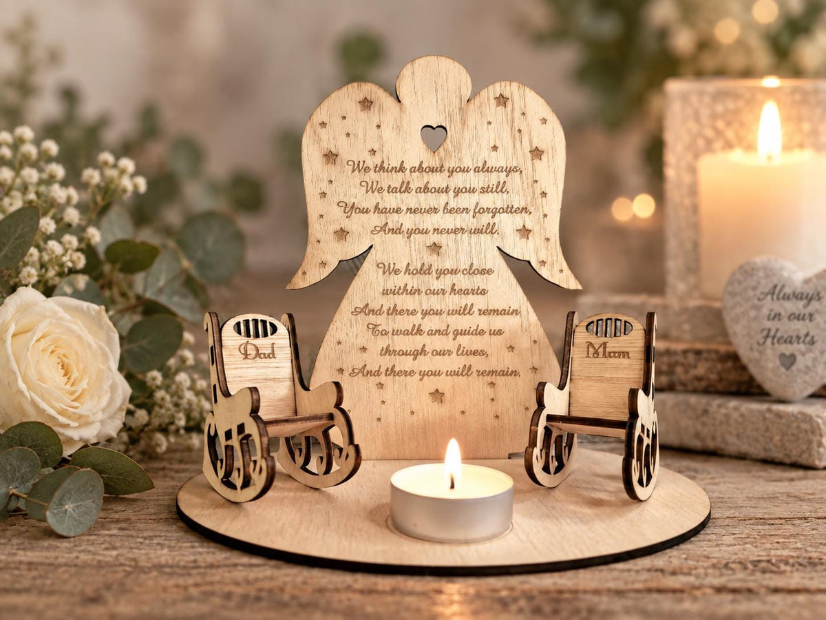 Personalised Angel candle memorial display - rocking chair - rustic - xmas - memory - decoration -decor - remembrance - family - plaque