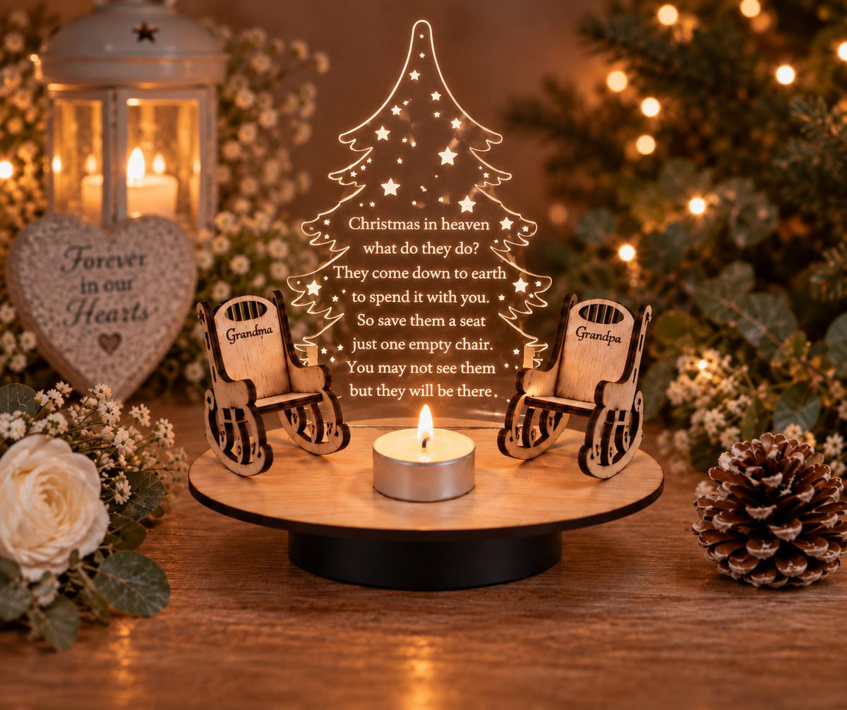 Personalised Christmas candle memorial display light - rocking chair -rustic - xmas - memory - decoration -decor - remembrance - family
