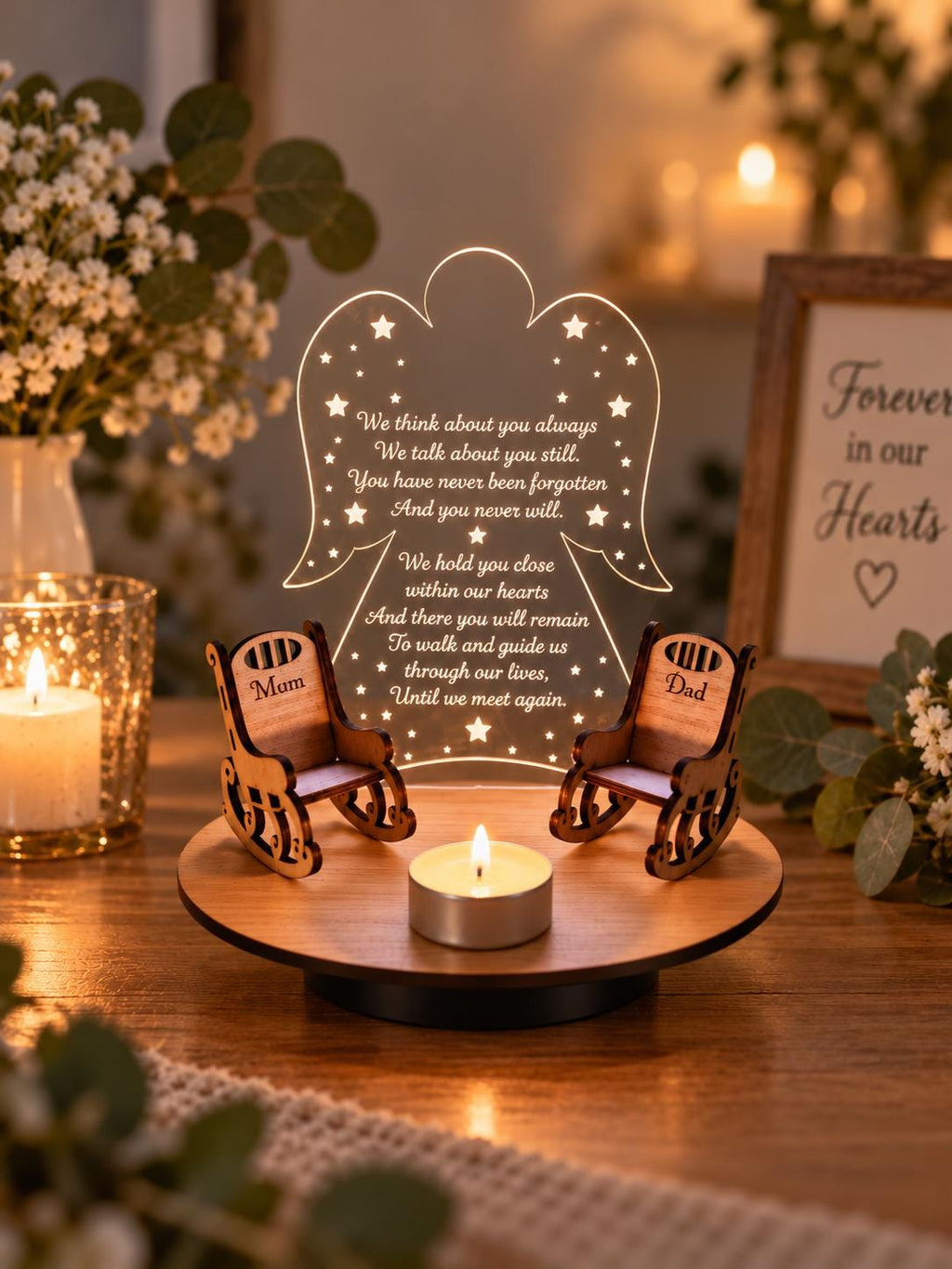 Personalised Angel candle memorial display light - rocking chair -rustic - memory - decoration -decor - remembrance - family - anniversary