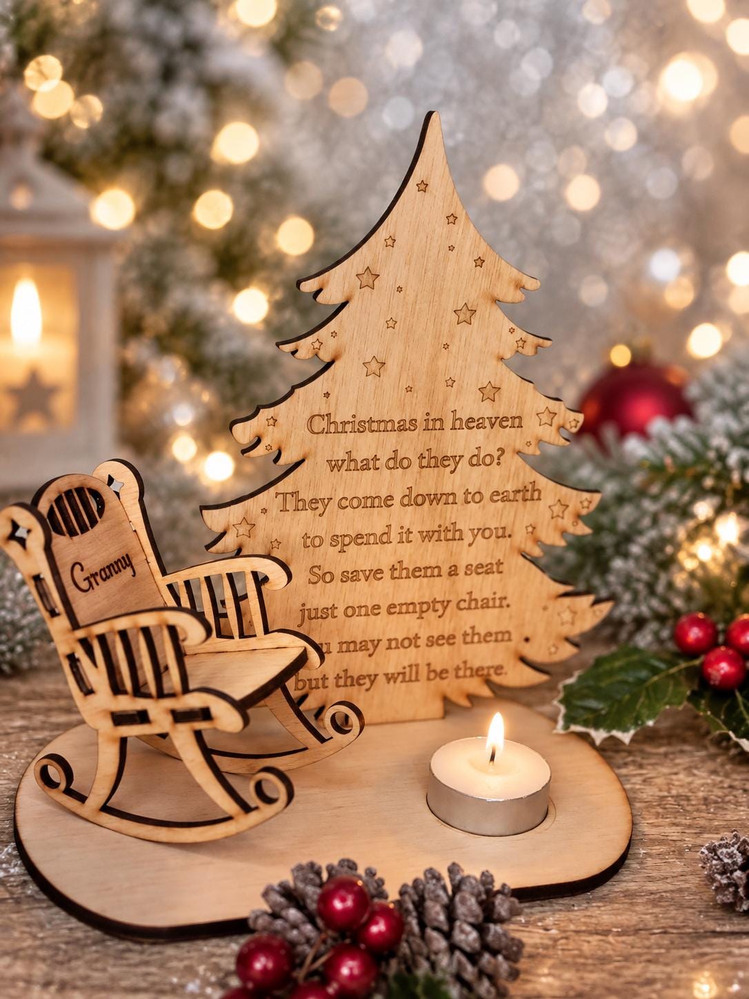 Personalised Christmas candle memorial display - rocking chair -rustic - xmas - memory - decoration -decor - rememberance - family - plaque
