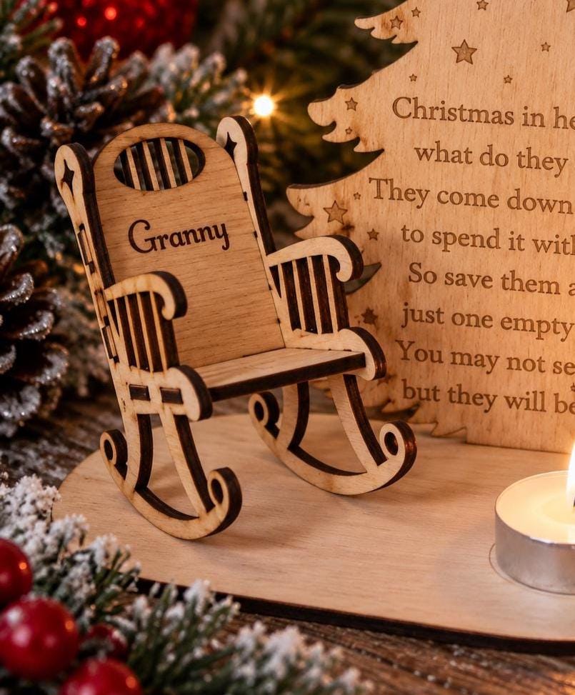 Personalised Christmas candle memorial display - rocking chair -rustic - xmas - memory - decoration -decor - rememberance - family - plaque