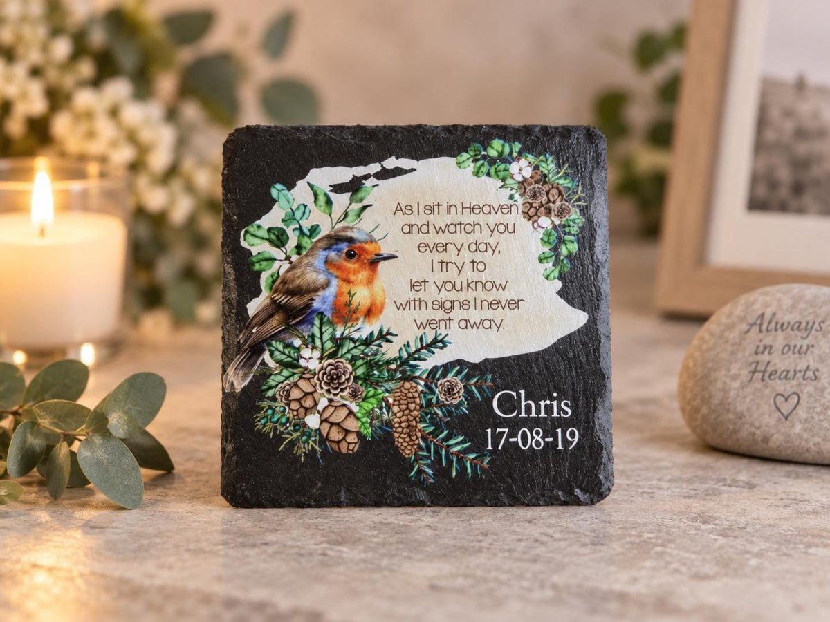 Personalised Robin Memorial grave marker, memorial slate, indoor or outdoor - Memory - Indoor - Outdoor - Garden - Caravan - Grave side