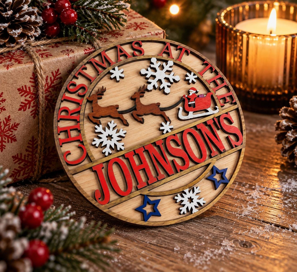 Personalised Christmas Name Plaque - Family Name Sign - xmas at the - Gift - Door - Home - Garden - Santa - Children - Father Christmas