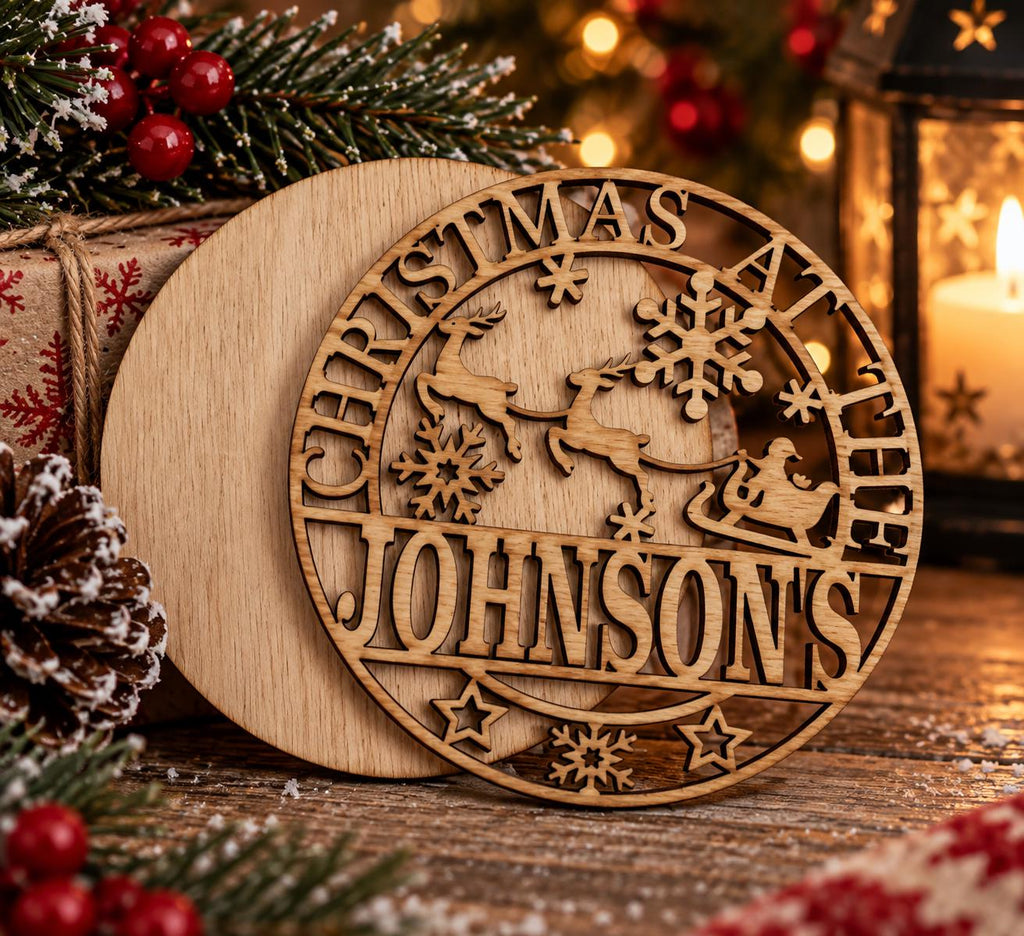 Personalised Christmas Name Plaque - Family Name Sign - xmas at the - Gift - Door - Home - Garden - Santa - Children - Father Christmas