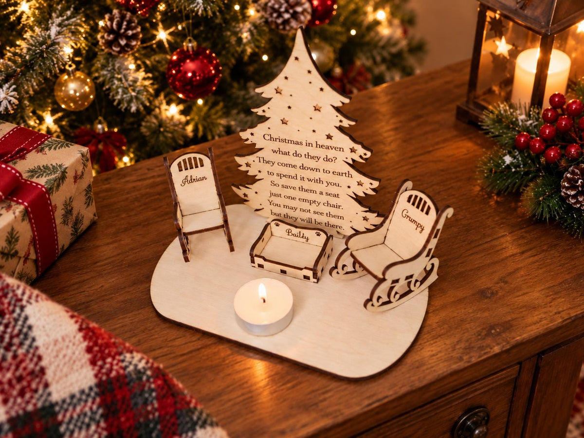 Personalised Christmas candle memorial display - rocking chair -rustic - xmas - memory - decoration -decor - remembrance - family - plaque