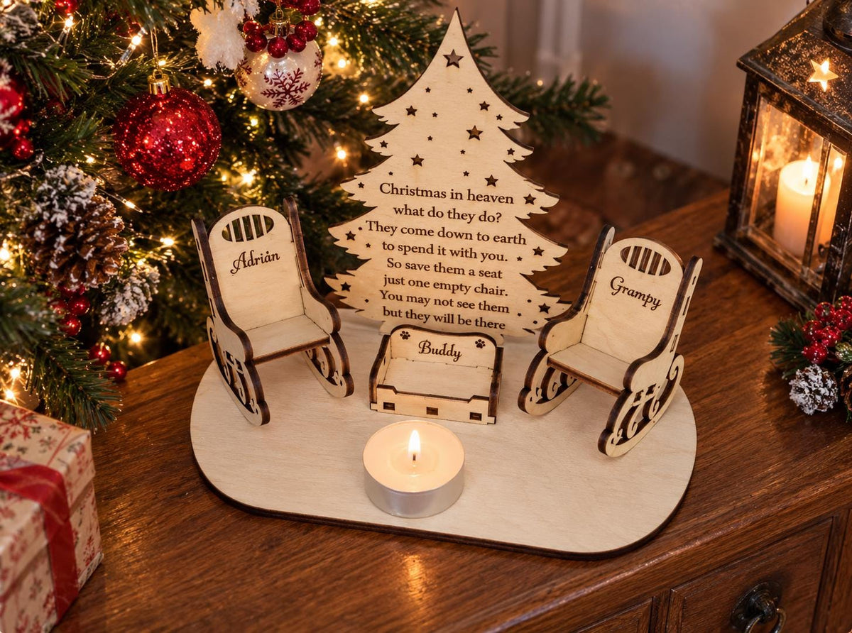 Personalised Christmas candle memorial display - rocking chair -rustic - xmas - memory - decoration -decor - remembrance - family - plaque