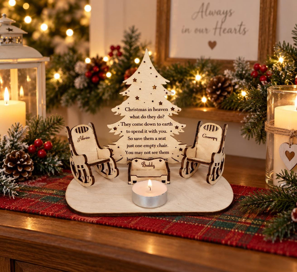 Personalised Christmas candle memorial display - rocking chair -rustic - xmas - memory - decoration -decor - remembrance - family - plaque