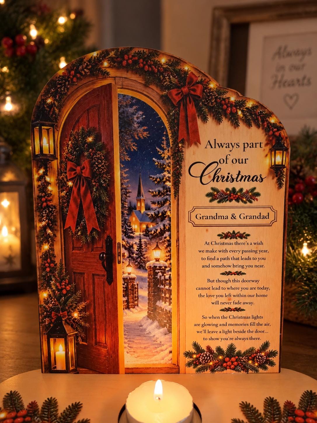 Personalised Christmas Memorial Candle Holder - Christmas Doorway Remembrance Display - In Loving Memory Tealight Memorial Gift