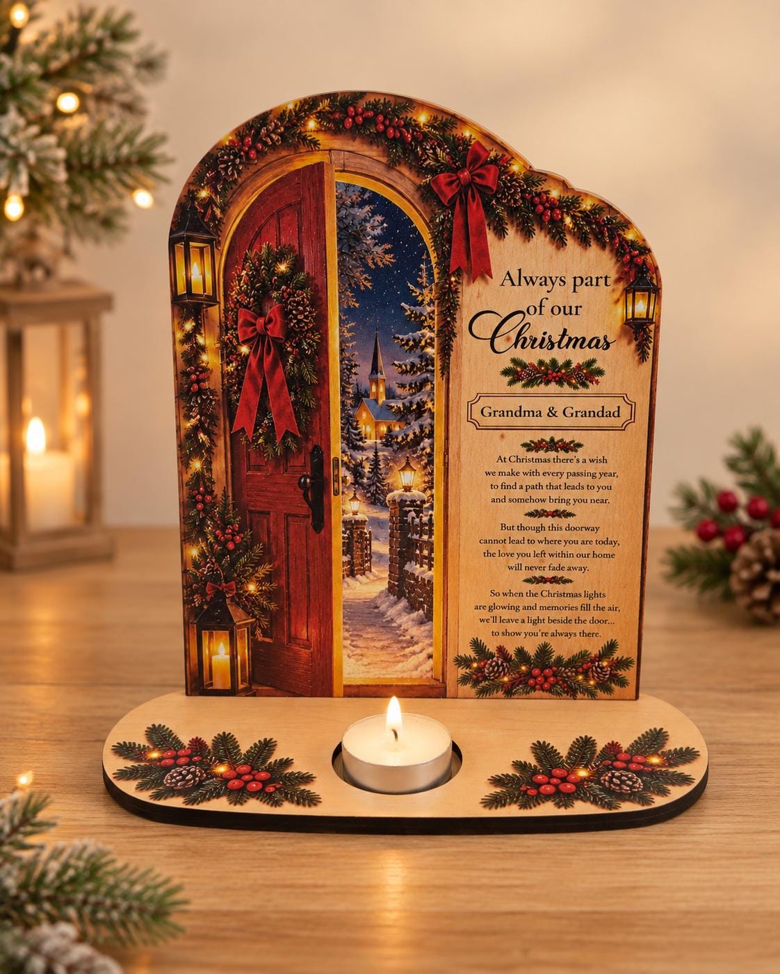 Personalised Christmas Memorial Candle Holder - Christmas Doorway Remembrance Display - In Loving Memory Tealight Memorial Gift