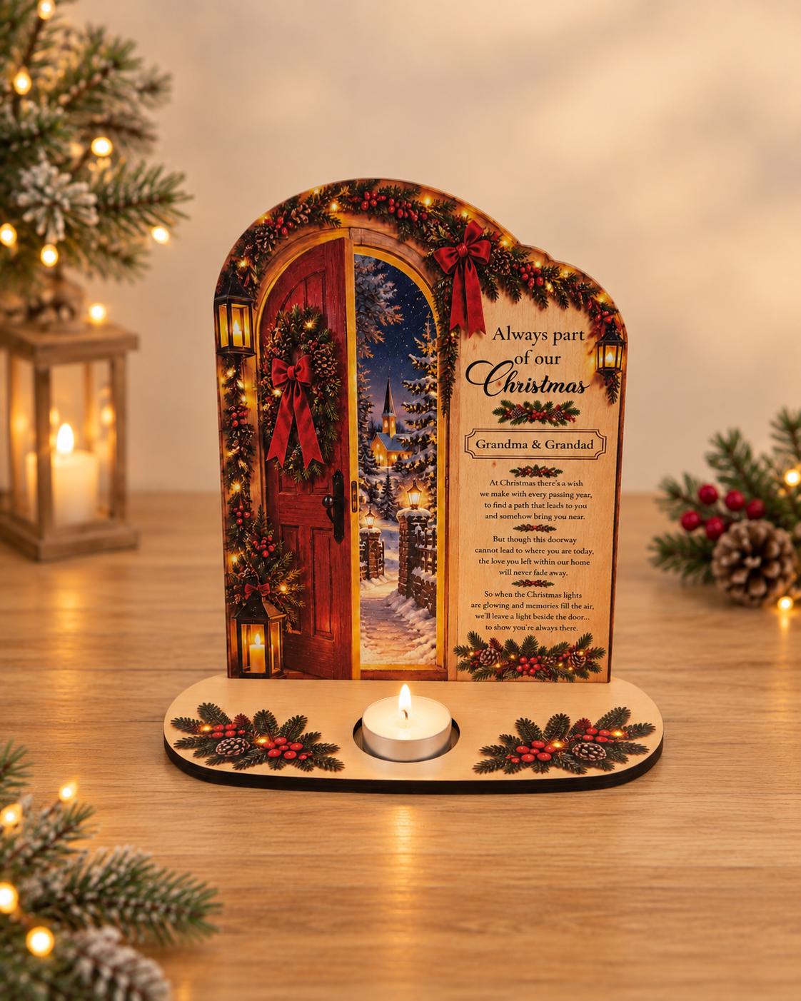 Personalised Christmas Memorial Candle Holder - Christmas Doorway Remembrance Display - In Loving Memory Tealight Memorial Gift