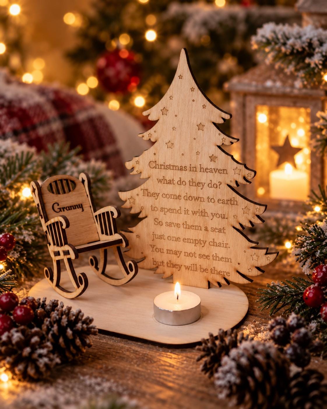 Personalised Christmas candle memorial display - rocking chair -rustic - xmas - memory - decoration -decor - rememberance - family - plaque