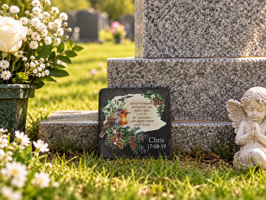 Personalised Robin Memorial grave marker, memorial slate, indoor or outdoor - Memory - Indoor - Outdoor - Garden - Caravan - Grave side