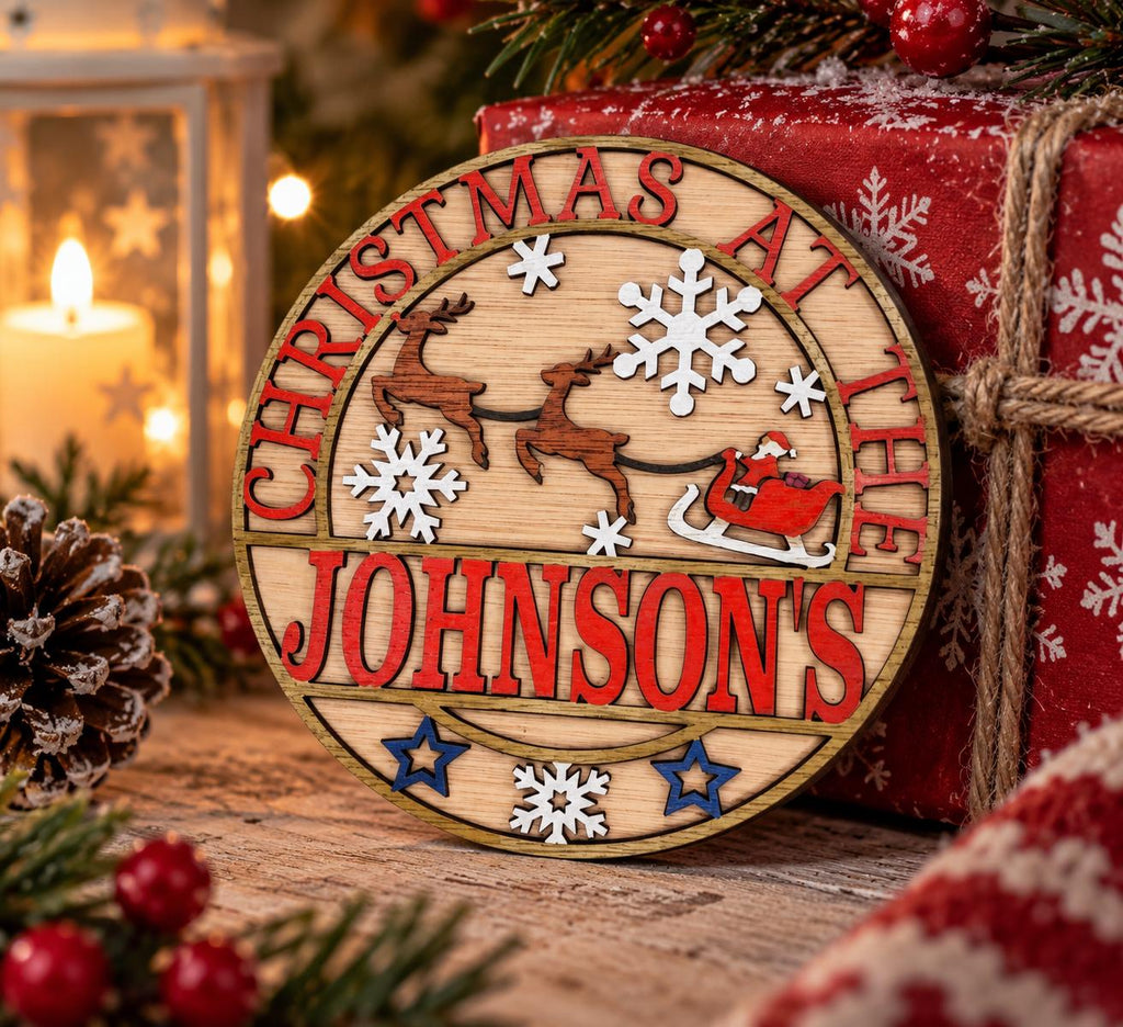 Personalised Christmas Name Plaque - Family Name Sign - xmas at the - Gift - Door - Home - Garden - Santa - Children - Father Christmas