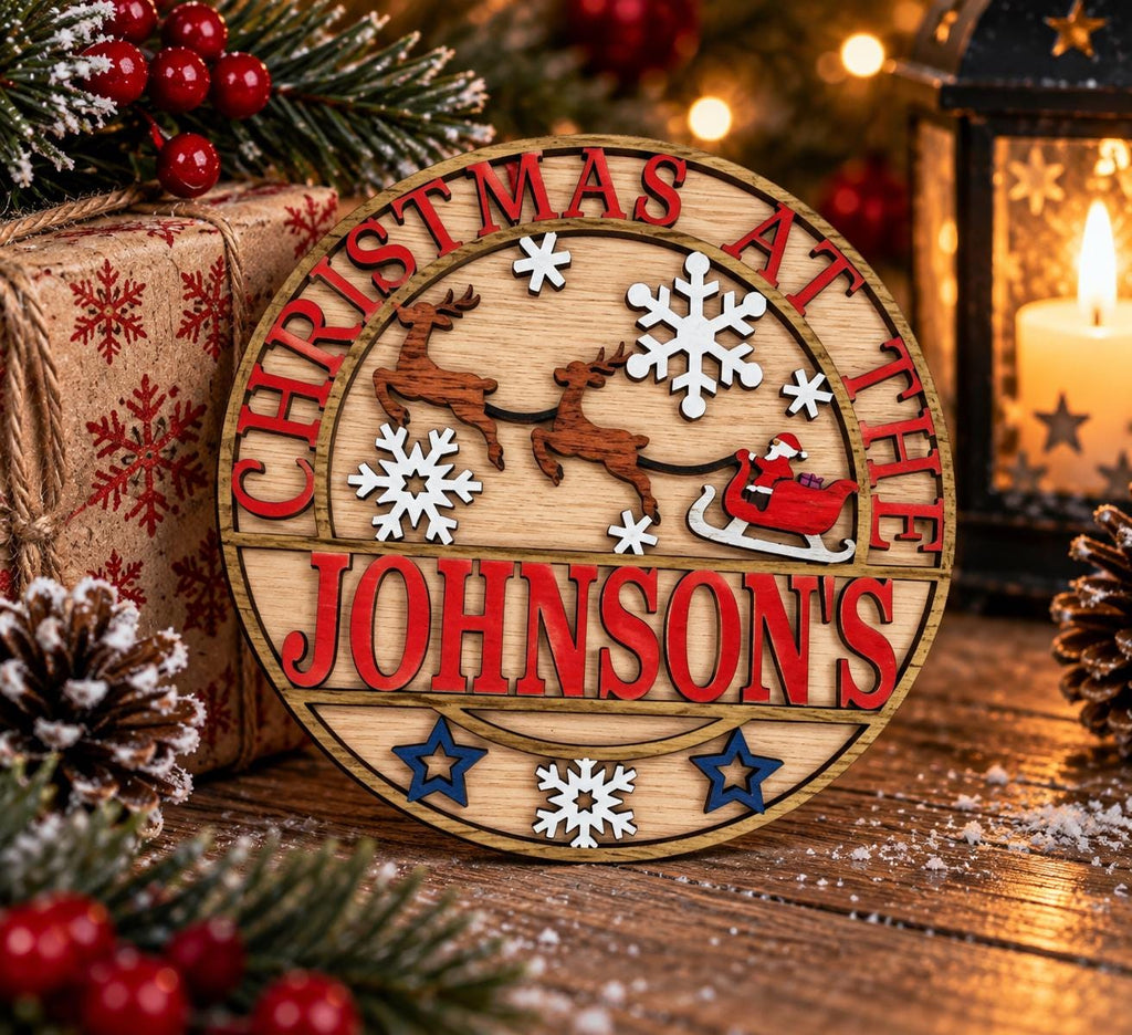 Personalised Christmas Name Plaque - Family Name Sign - xmas at the - Gift - Door - Home - Garden - Santa - Children - Father Christmas