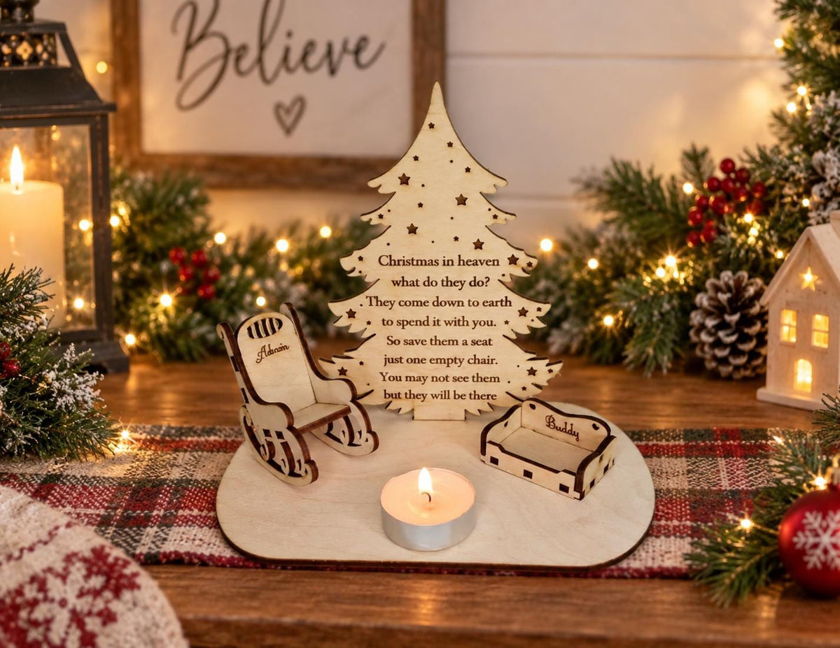 Personalised Christmas candle memorial display - rocking chair -rustic - xmas - memory - decoration -decor - remembrance - family - plaque