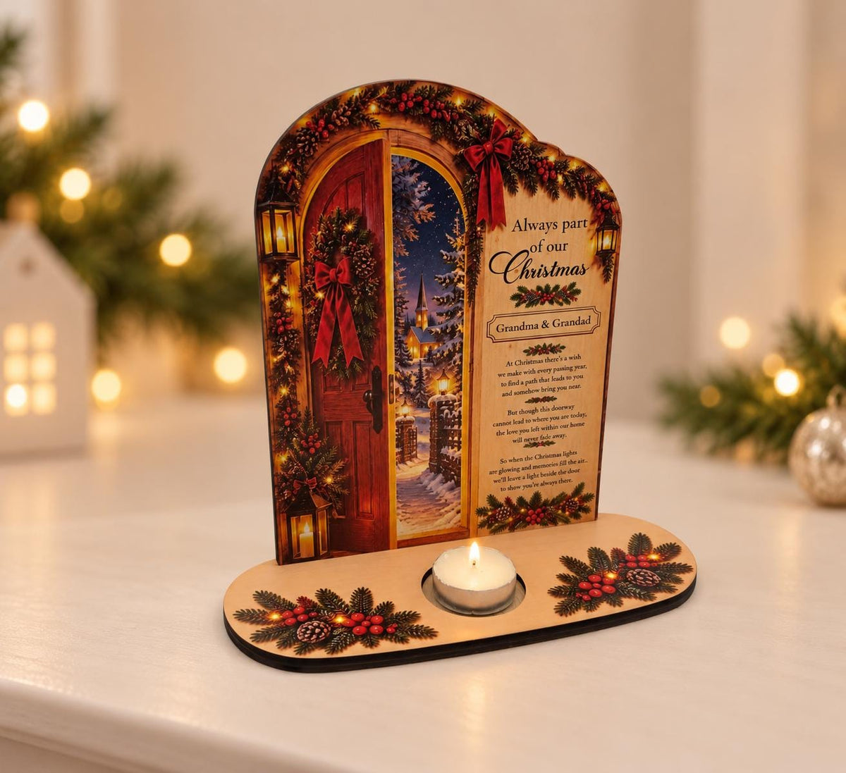 Personalised Christmas Memorial Candle Holder - Christmas Doorway Remembrance Display - In Loving Memory Tealight Memorial Gift