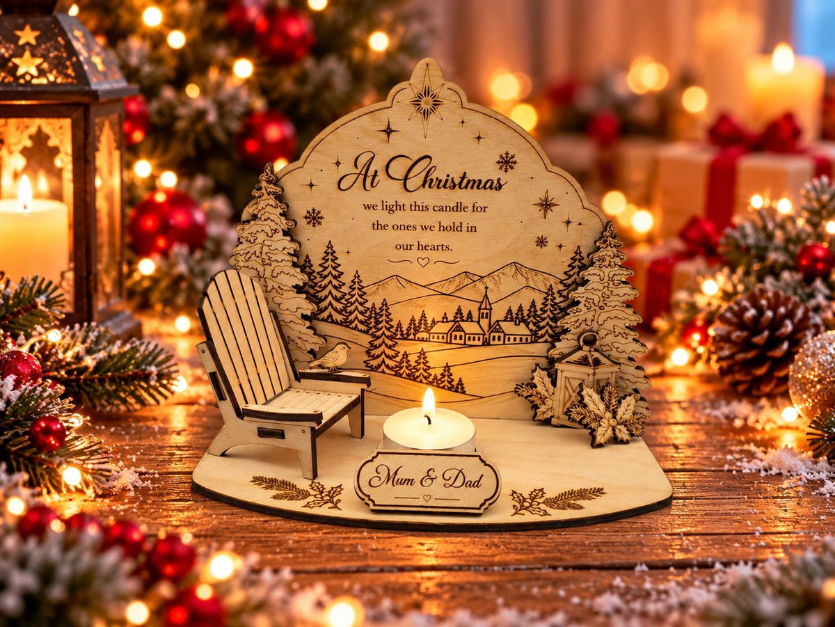 Personalised Christmas candle memorial display - rocking chair -rustic - xmas - memory - decoration -decor - remembrance - family - plaque