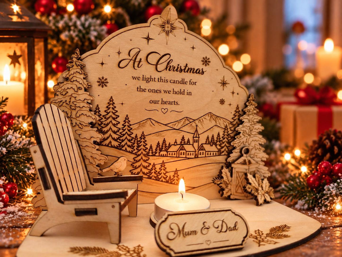 Personalised Christmas candle memorial display - rocking chair -rustic - xmas - memory - decoration -decor - remembrance - family - plaque